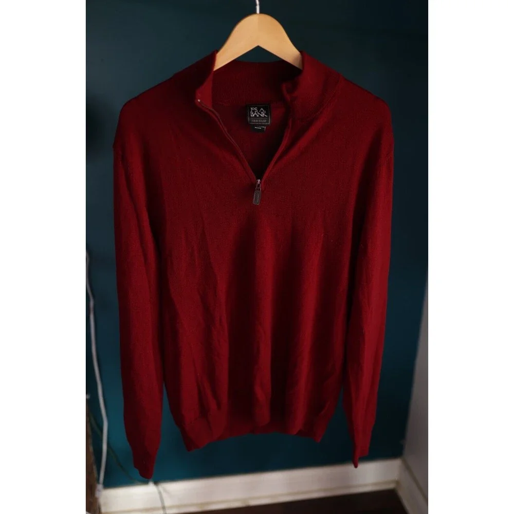 Jos A Bank Traveler Sweater Mens L Burgundy 100% Merino Wool 1/4 Zip Long Sleeve